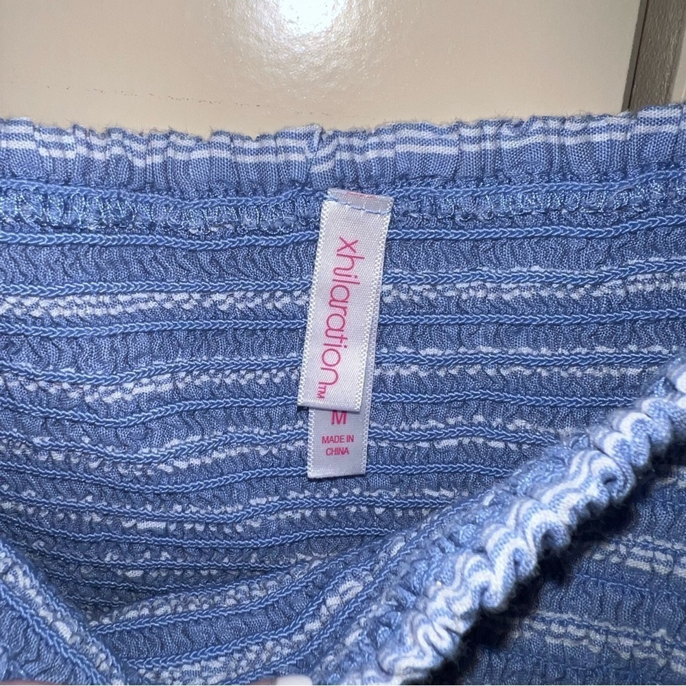 Xhilaration Striped Embroidered Smocked Square Neck Puff Sleeve Crop Top Shirt - Picture 4 of 11